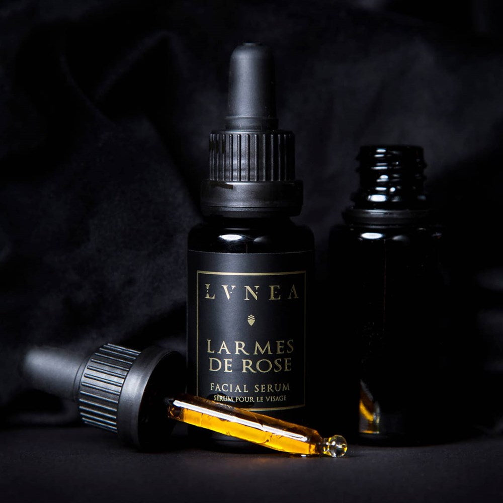 Lvnea Perfume Larmes De Rose Facial Serum (20 ml) - product shown on dark background.