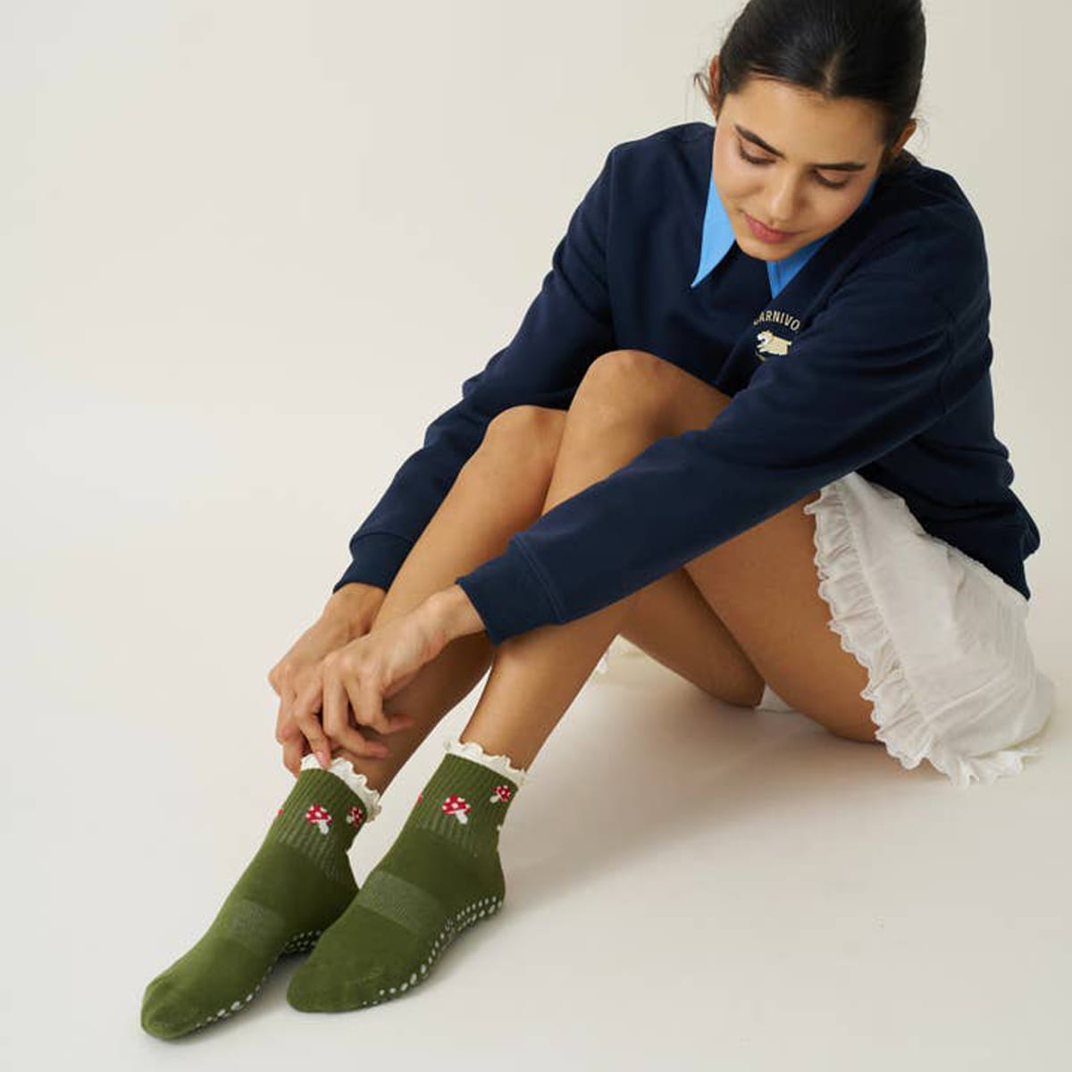 Model wearing Effortless Club Mushroom Ruffle Grip Socks (1 pair)