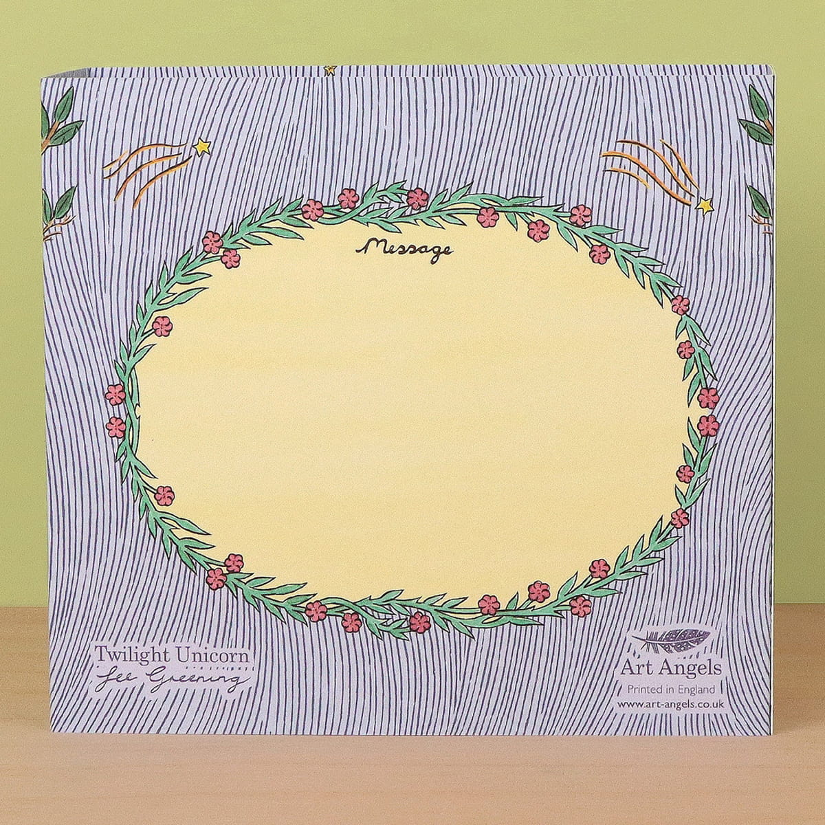 Back side of Art Angels Twilight Unicorn Die Cut Card (1 pc)