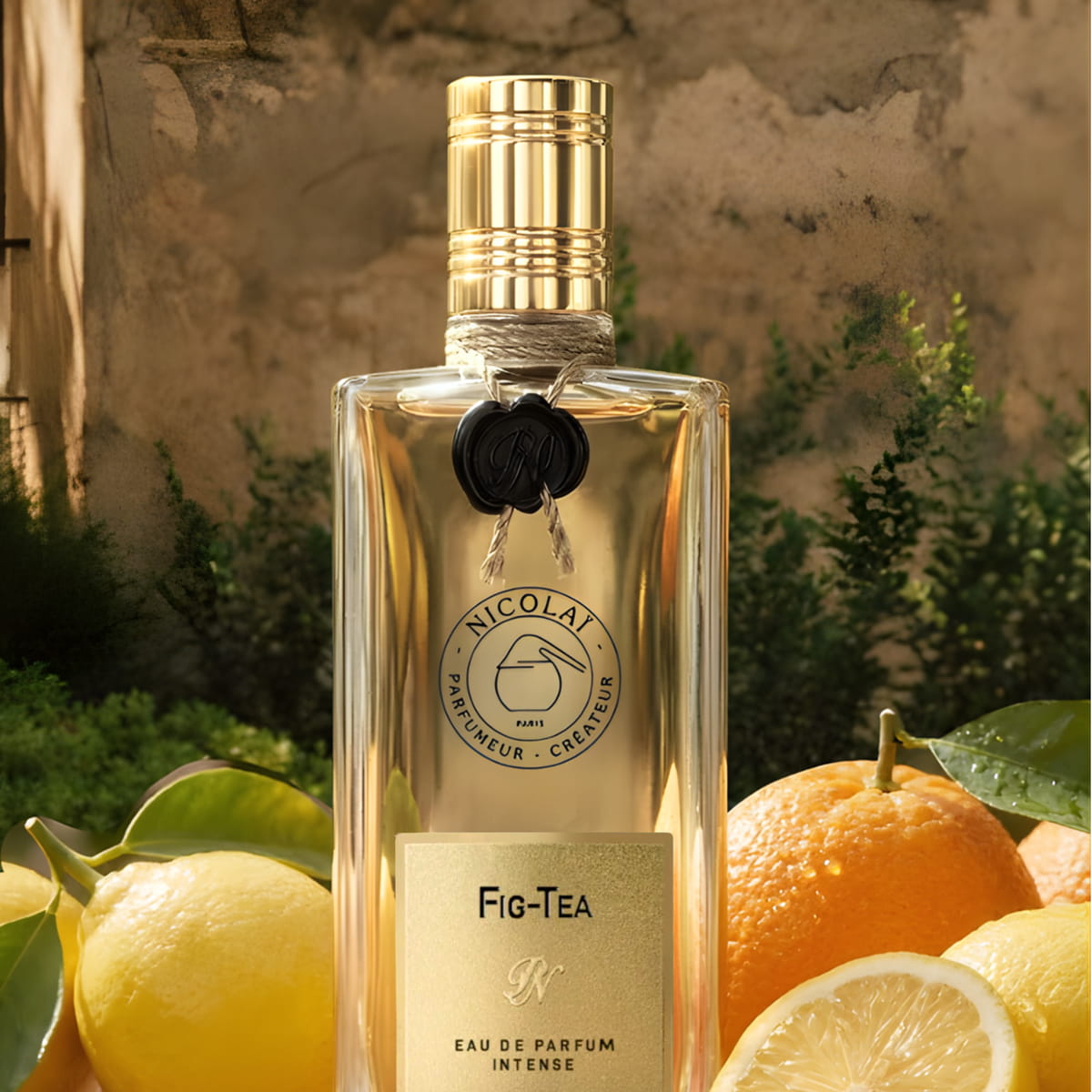 Lifestyle shot of Parfums de Nicolai Fig Tea Intense (100 ml) centered and surrounded by fresh lemons and oranges against a rustic stone wall and green foliage background.