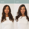 Before and after model shot using Roz Milk Styling Mousse. Model has long wavy hair