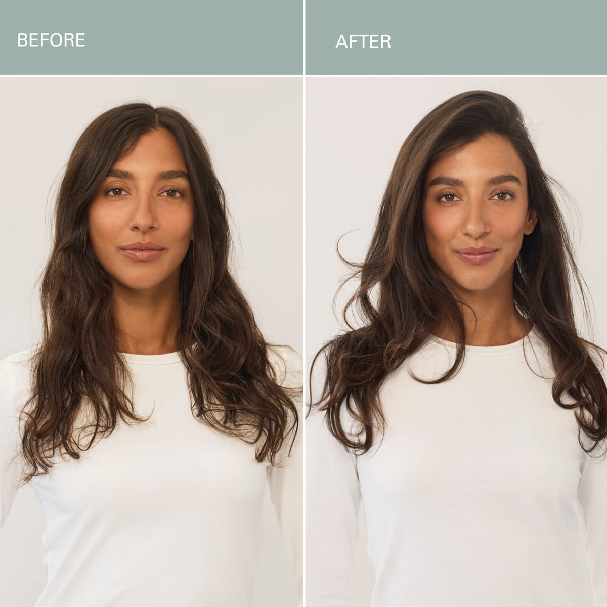 Before and after model shot using Roz Milk Styling Mousse. Model has long wavy hair