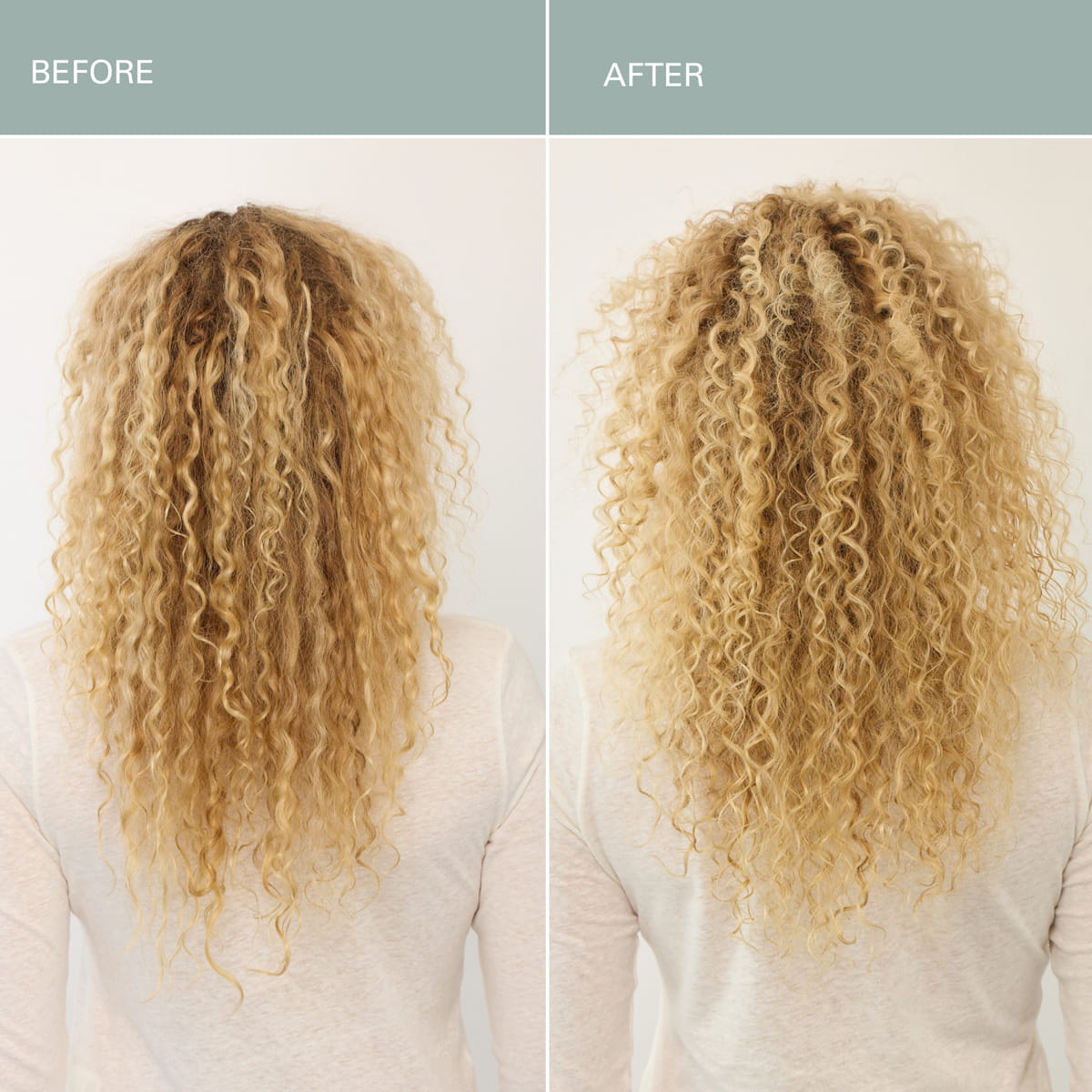 Before and after model shot using Roz Milk Styling Mousse. Model has very curly (tight curls)