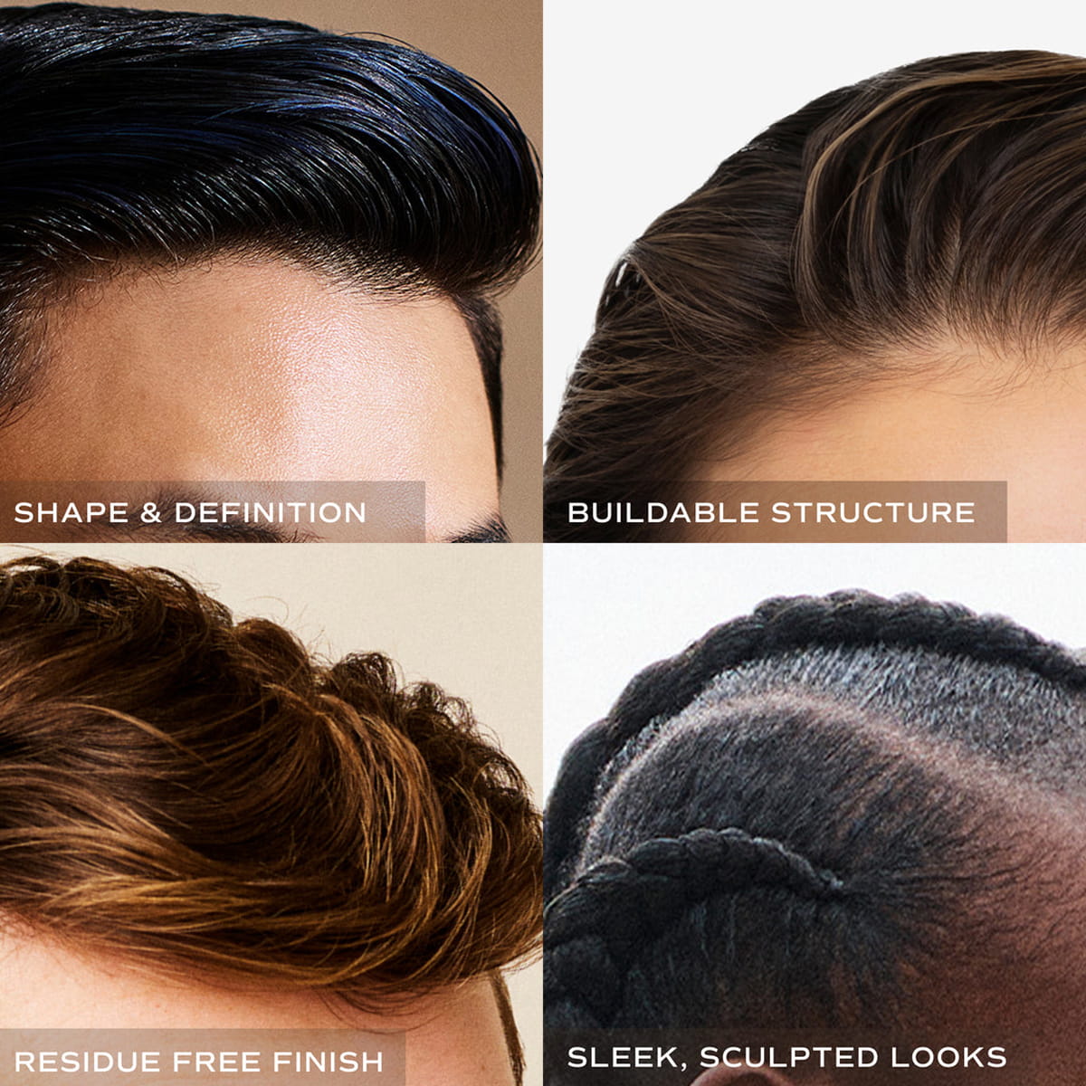  Innersense Organic Beauty Inner Reflection Sculpting Pomade used in hair. Showing samples of use in a four-panel close-up collage showing the top of a person's head with styled dark hair, labeled 'SHAPE &amp; DEFINITION', 'BUILDABLE STRUCTURE', 'RESIDUE FREE FINISH', and 'SLEEK, SCULPTED LOOKS'.
