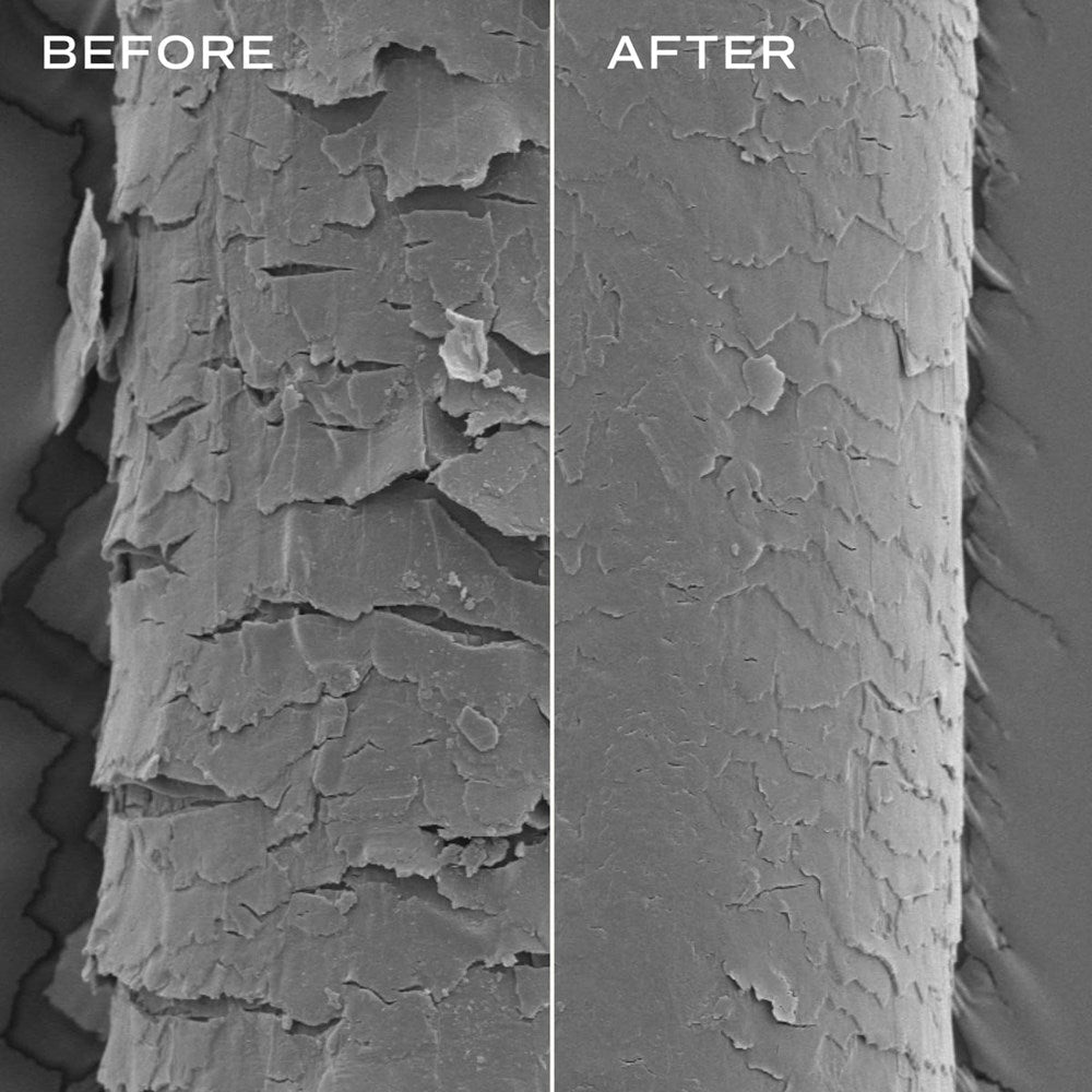 Innersense Organic Beauty Overnight Repair Serum. A close-up before-and-after comparison of a hair shaft or fiber surface, with the left side labeled BEFORE showing rough, layered texture and the right side labeled AFTER showing a smoother, more uniform texture.
