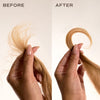 Innersense Organic Beauty Overnight Repair Serum. Before-and-after comparison showing a hand holding a section of light brown hair, with frizzy, tangled hair on the left and smooth, shiny, curled hair on the right.