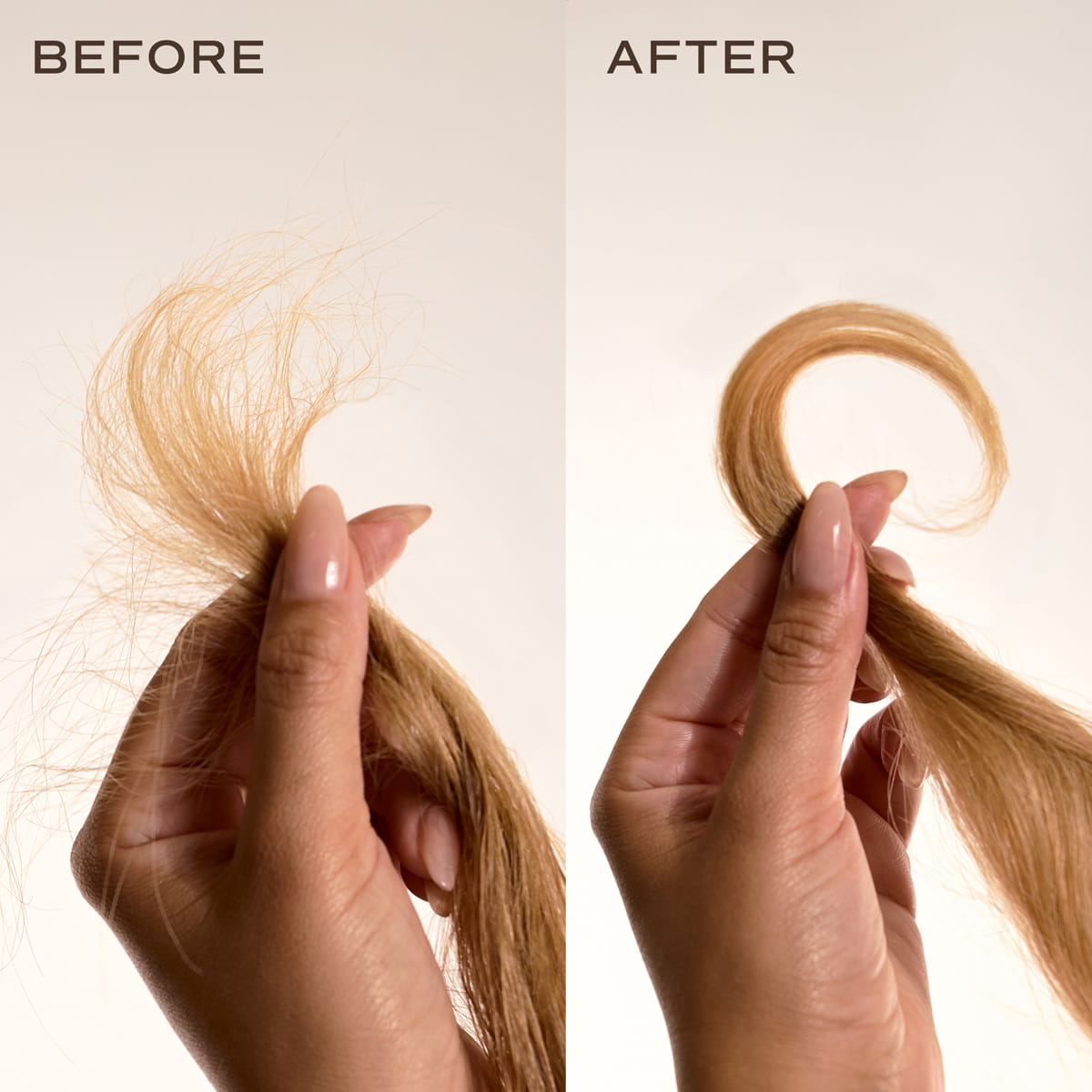 Innersense Organic Beauty Overnight Repair Serum. Before-and-after comparison showing a hand holding a section of light brown hair, with frizzy, tangled hair on the left and smooth, shiny, curled hair on the right.
