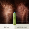 BASE-K The Bamboo Tonic Hair Density Serum (30 ml) centered against a split before-and-after background showing hair growth results on red hair. Text reads 'BEFORE' and 'AFTER 90 DAYS' with descriptive copy "powered by 12 growth factors and phyto-actives for fuller, denser hair."