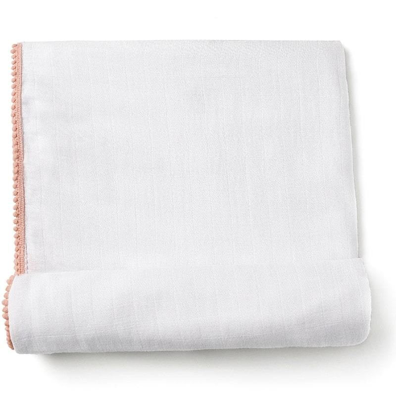 Malabar Baby Luxe Silky Soft Bamboo Cotton Swaddle - Peach Pom Pom Trim (1 pc)