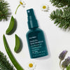 Ursa Major Forest Fix Spray Deodorant (1.85 oz) shown top view surrounded by green aloe vera leaves, lavender, pine needles, and daisies.