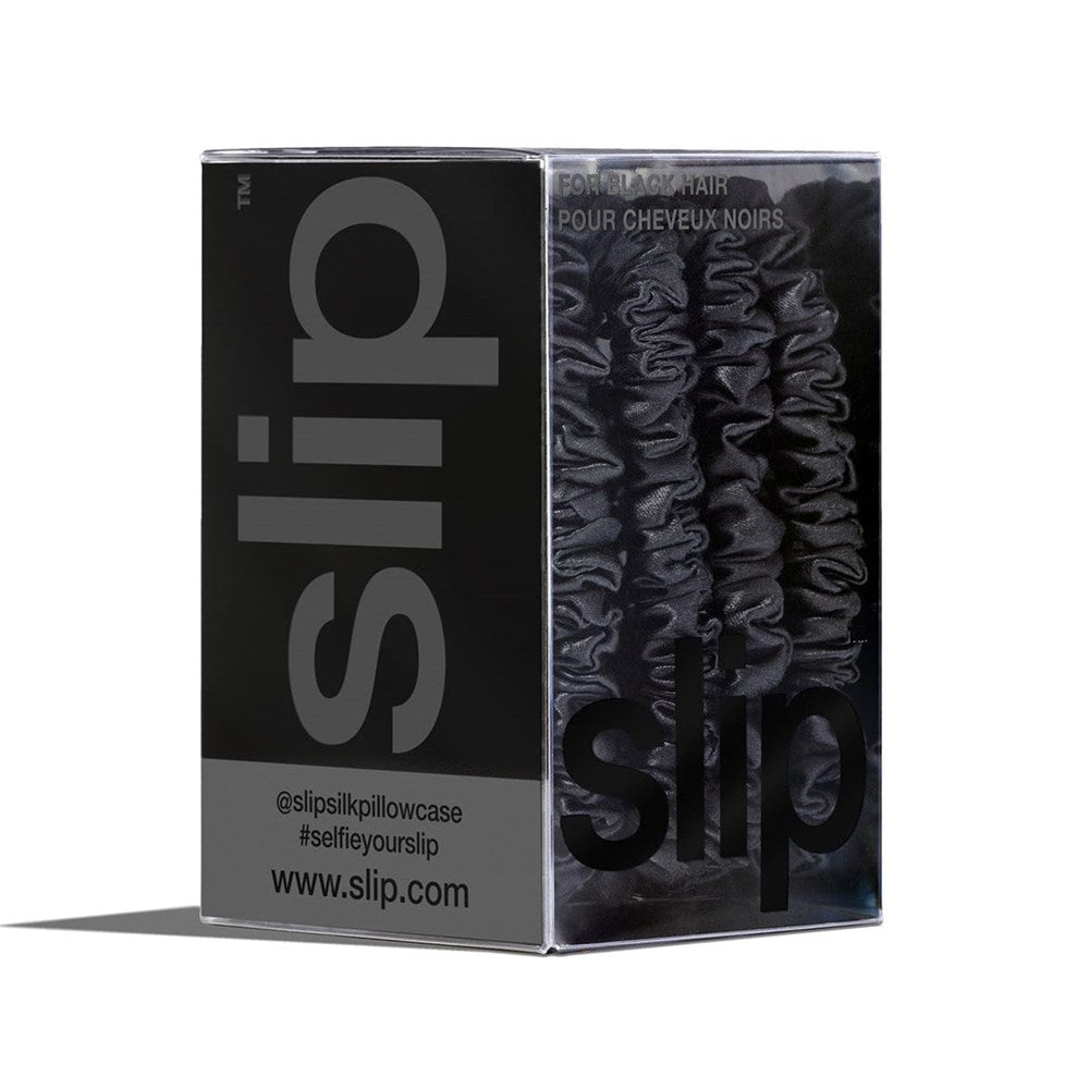 Slip Pure Silk Skinny Scrunchies - Black (4 pcs) - product shown in packaging. 