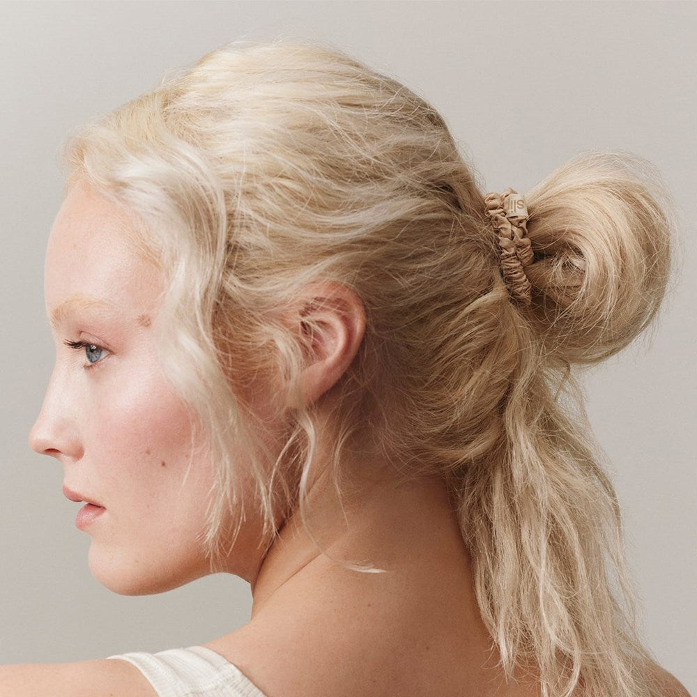 Slip Pure Silk Skinny Scrunchies - Blonde (4 pcs) - product shown in model's hair. 