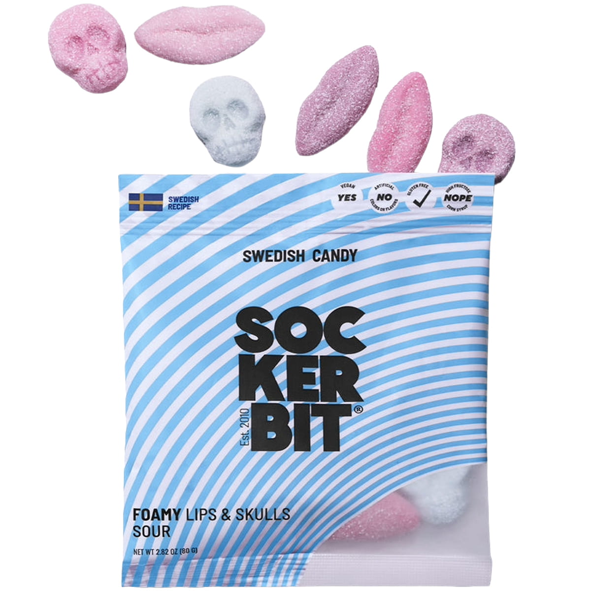 Sockerbit Foamy Lips & Skulls Swedish Candy Mix (2.82 oz) showing pieces inside