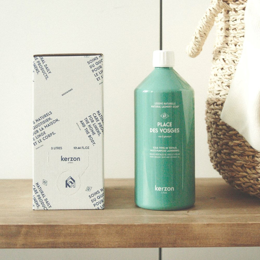Kerzon Laundry Soap Refill - Place des Vosges (3 L) - product shown on counter.