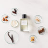 Essential Parfums Ambre Latte by Jordi Fernandez (100 ml Refillable) - product shown with ingredients. 