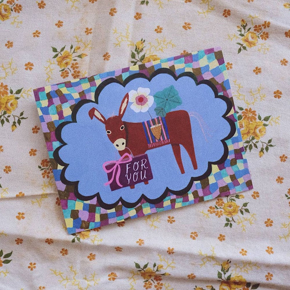 Small Adventure For You Donkey Card (1 pc) - product shown on floral cloth.