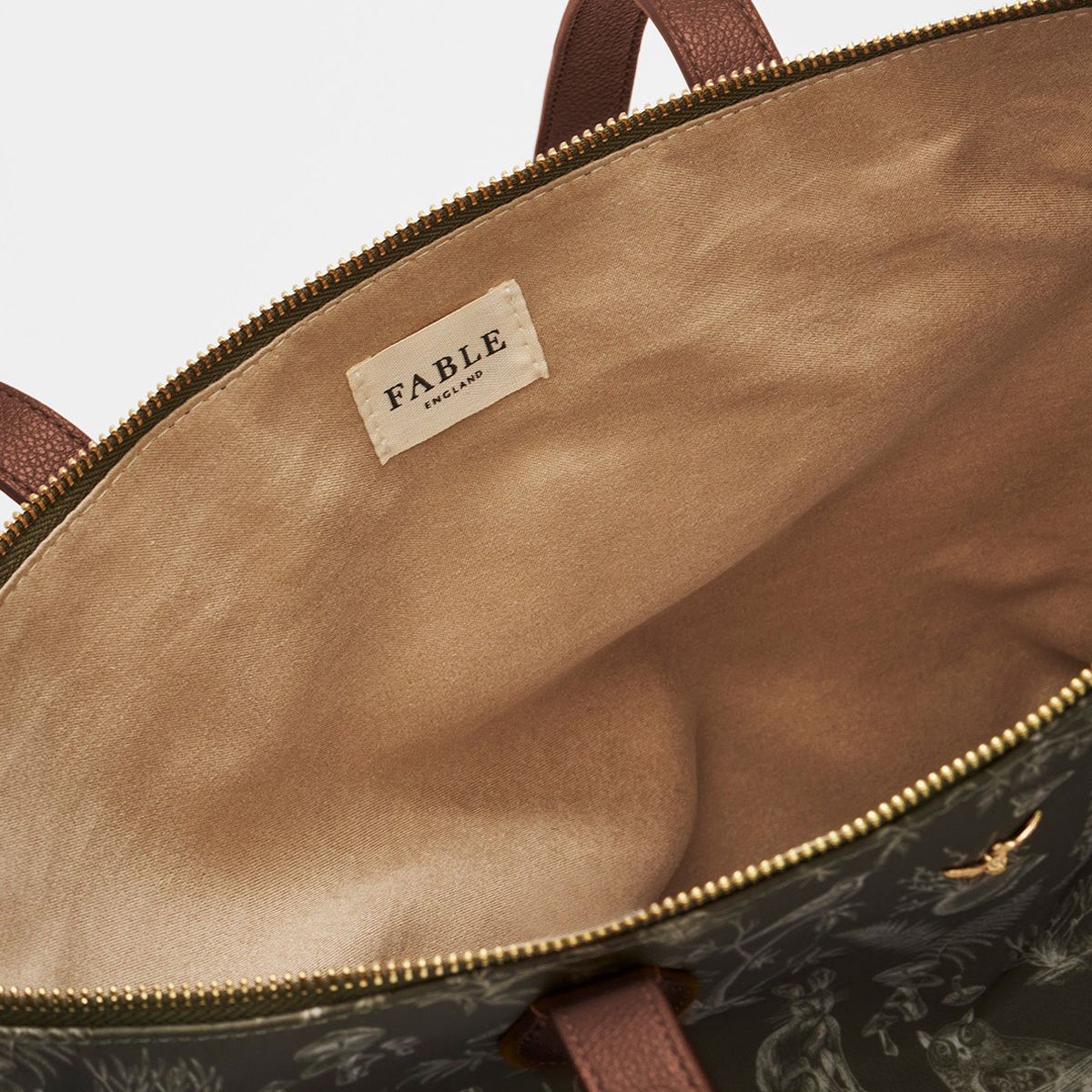 Fable England Edith Orla Scene Print Tote Bag - Khaki (1 pc) - product shown open. 