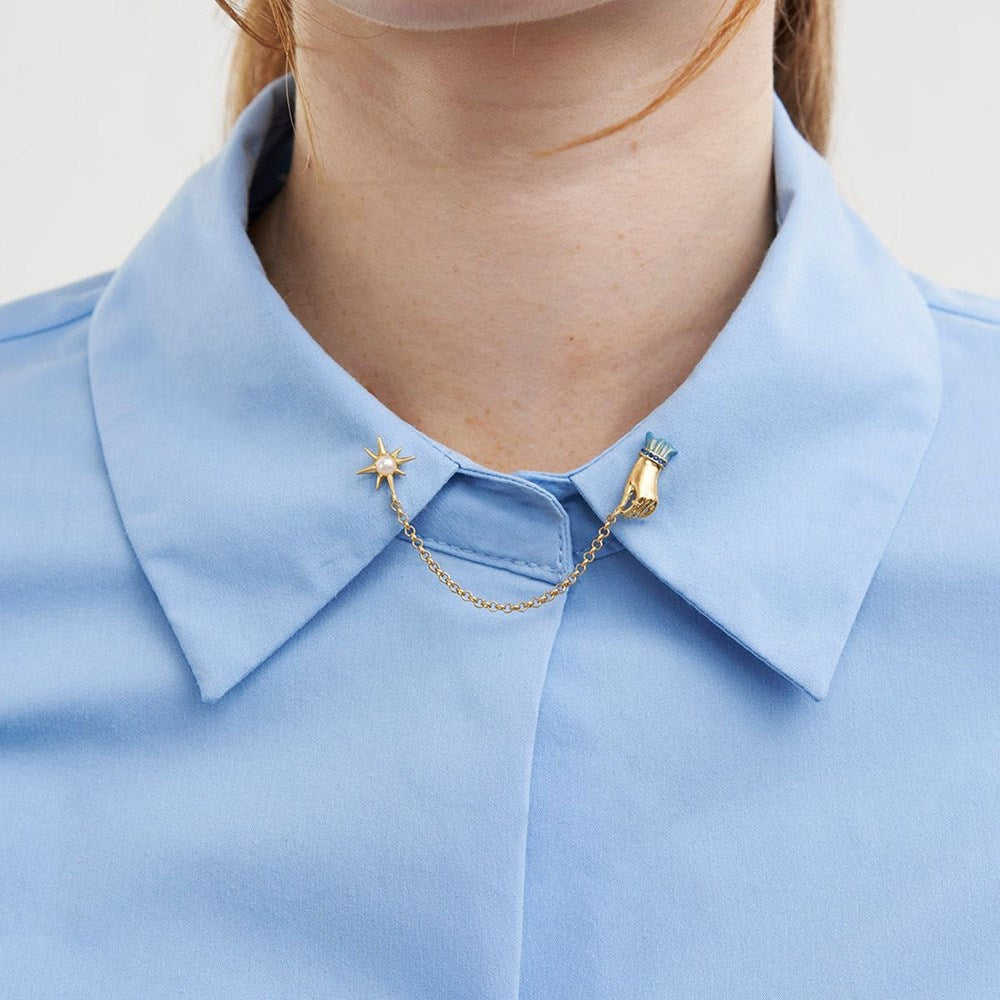 Fable England Palm Of Your Hand Pearl Collar Pin (1 pc) - product shown attached to collar.