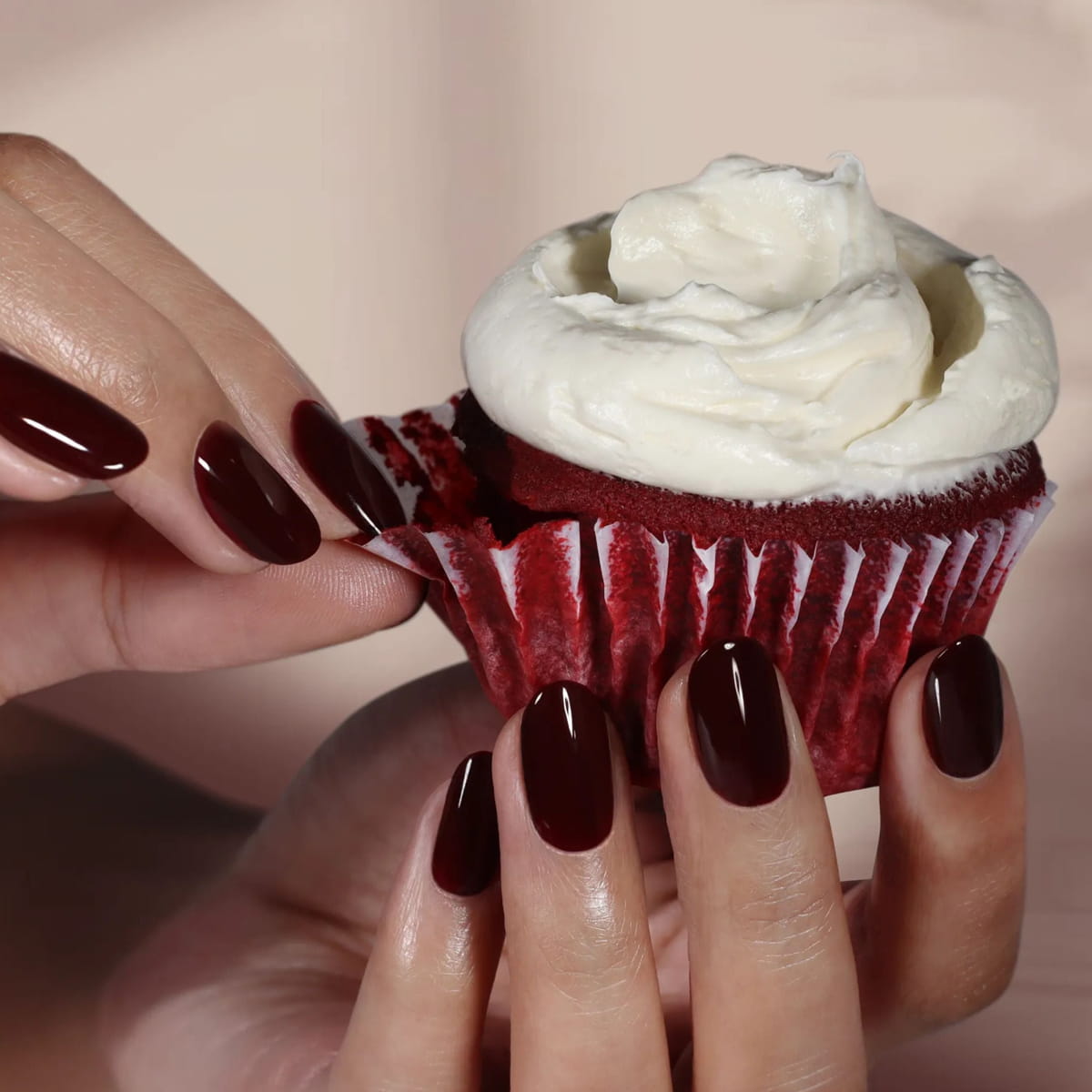 Londontown Magnolia Bakery x Londontown Nail Polish - Red Velvet (12 ml) - product shown on nails. 