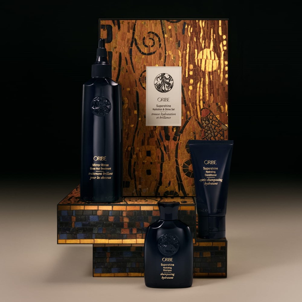 Oribe Supershine Hydration &amp; Shine Set (3 pcs) - product shown on packaging. 