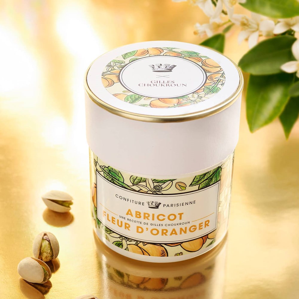 Confiture Parisienne Confiture Parisienne X Gilles Choukroun Apricot & Orange Blossom Jam (250 g) - product shown on gold background.
