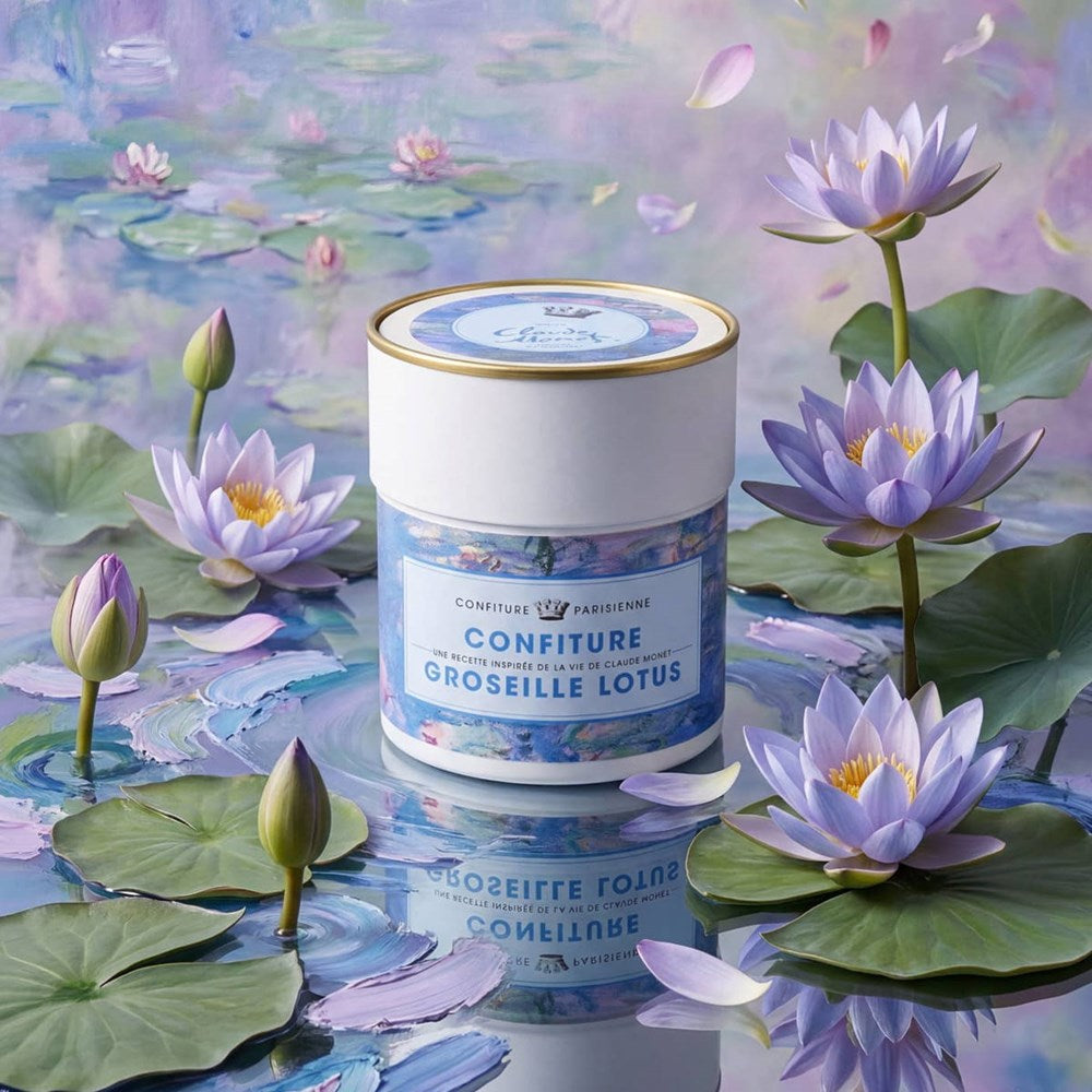 Confiture Parisienne Confiture Parisienne X Claude Monet Gooseberry Lotus Jam (250 g) - product shown on a painted background.
