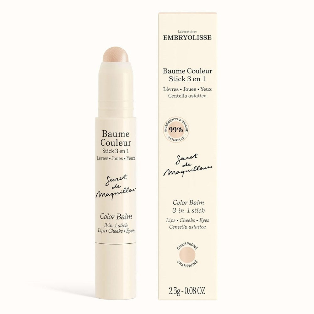 Embryolisse Color Balm 3-in-1 Stick - Champagne (2.5 g) - product shown next to packaging. 