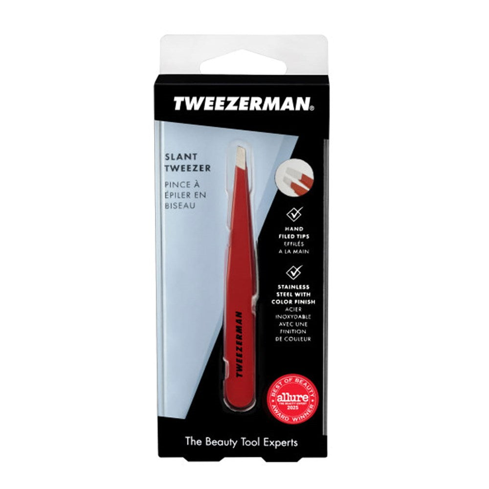 Tweezerman Slant Tweezer - Signature Red (1 pc) - product shown in packaging. 