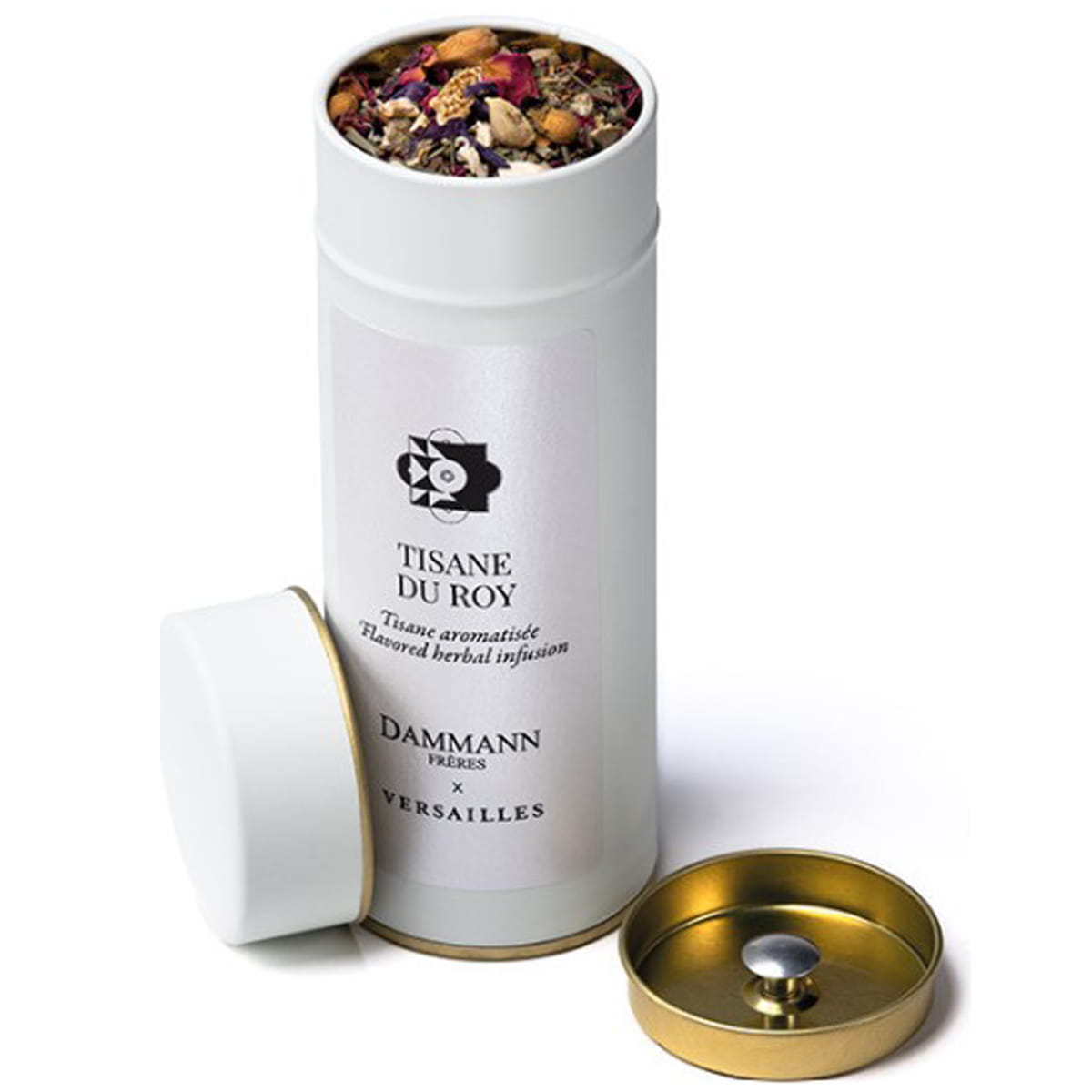 Dammann Freres Tisane du Roy Tin - Loose Herbal Tea (2.12 oz) - product shown with lid open. 