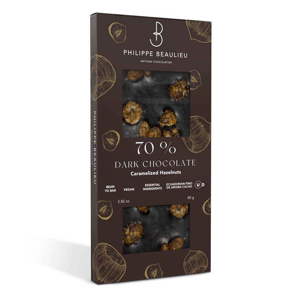 Philippe Beaulieu Dark Chocolate Bar with Caramelized Hazelnuts (80 g) - product shown at angle.