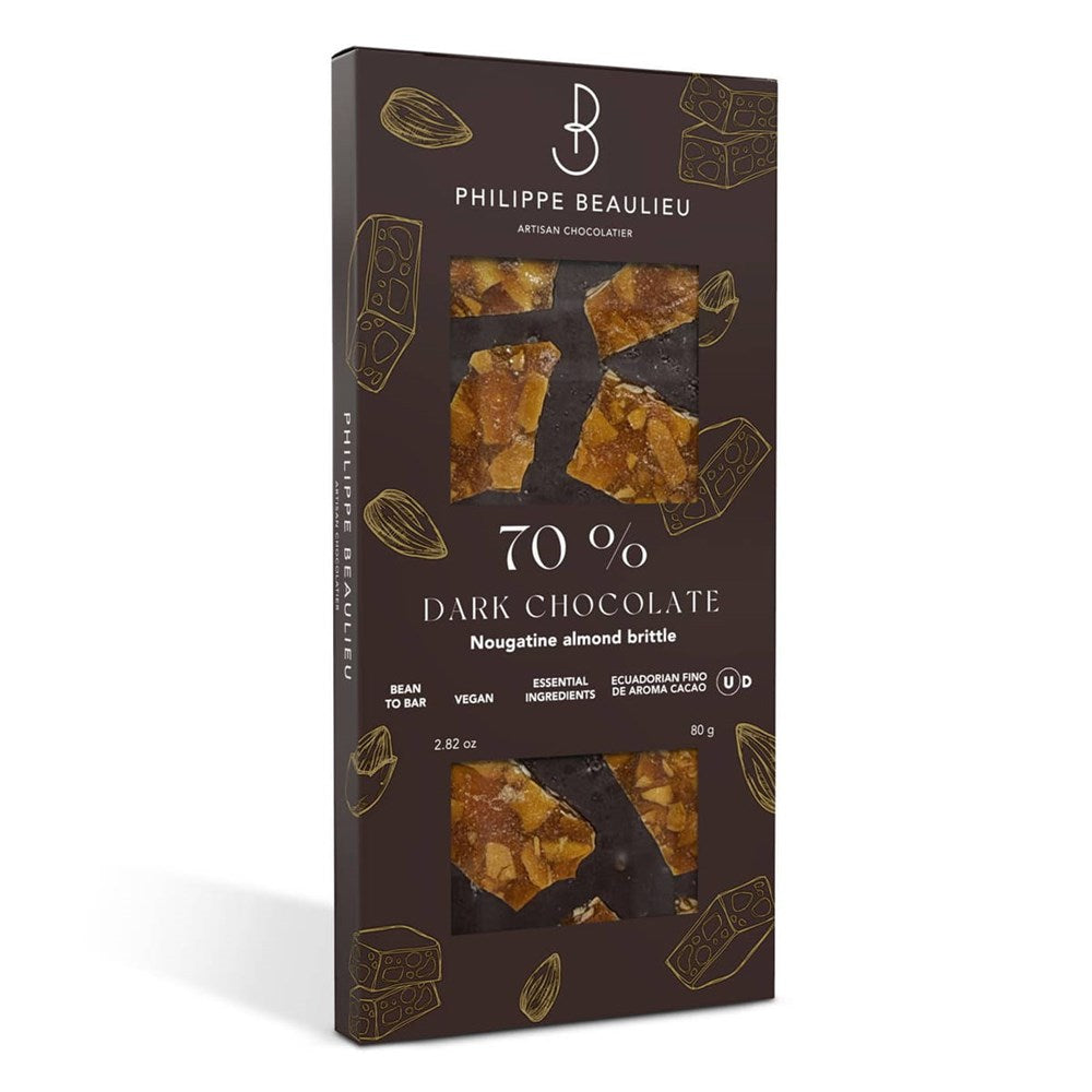 Philippe Beaulieu Dark Chocolate Bar with Nougatine Almond Brittle (80 g) - product shown in packaging