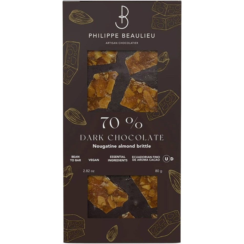 Philippe Beaulieu Dark Chocolate Bar with Nougatine Almond Brittle (80 g) - product shown in packaging