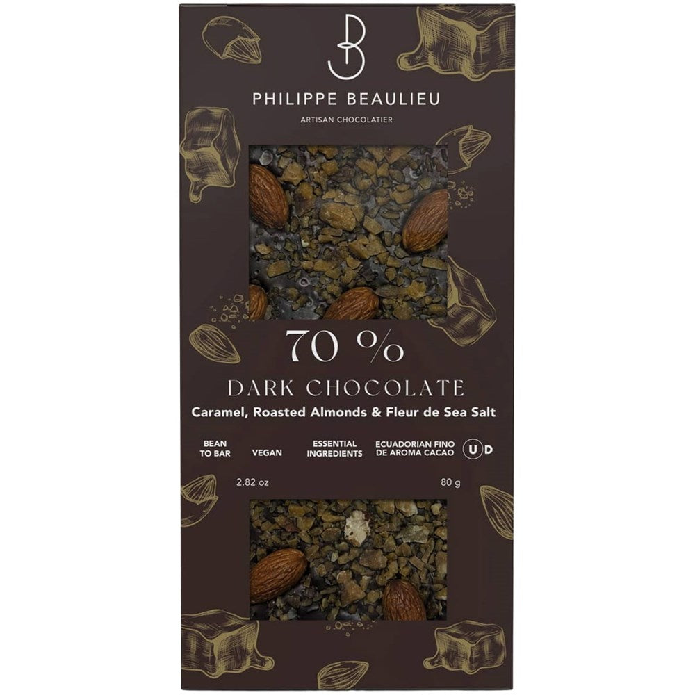 Philippe Beaulieu Dark Chocolate Bar with Caramel, Roasted Almonds &amp; Fleur de Sea Salt (80 g) - product shown in packaging