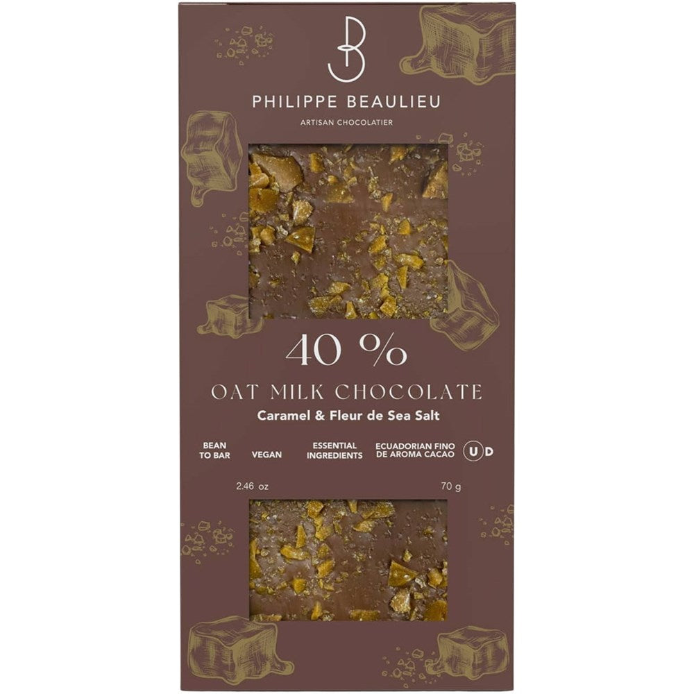 Philippe Beaulieu Oat Milk Vegan Chocolate Bar with Caramel &amp; Fleur de Sea Salt (70 g) - product shown in packaging