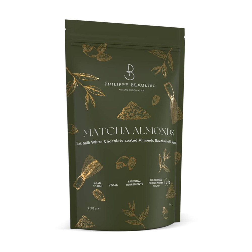 Philippe Beaulieu Oat Milk White Chocolate Almonds with Matcha (150 g) - product shown in packaging
