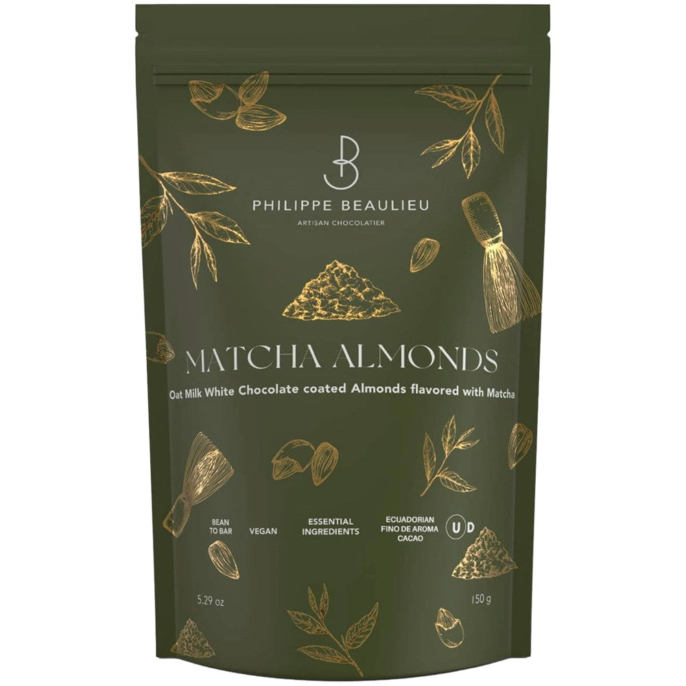 Philippe Beaulieu Oat Milk White Chocolate Almonds with Matcha (150 g) - product shown in packaging