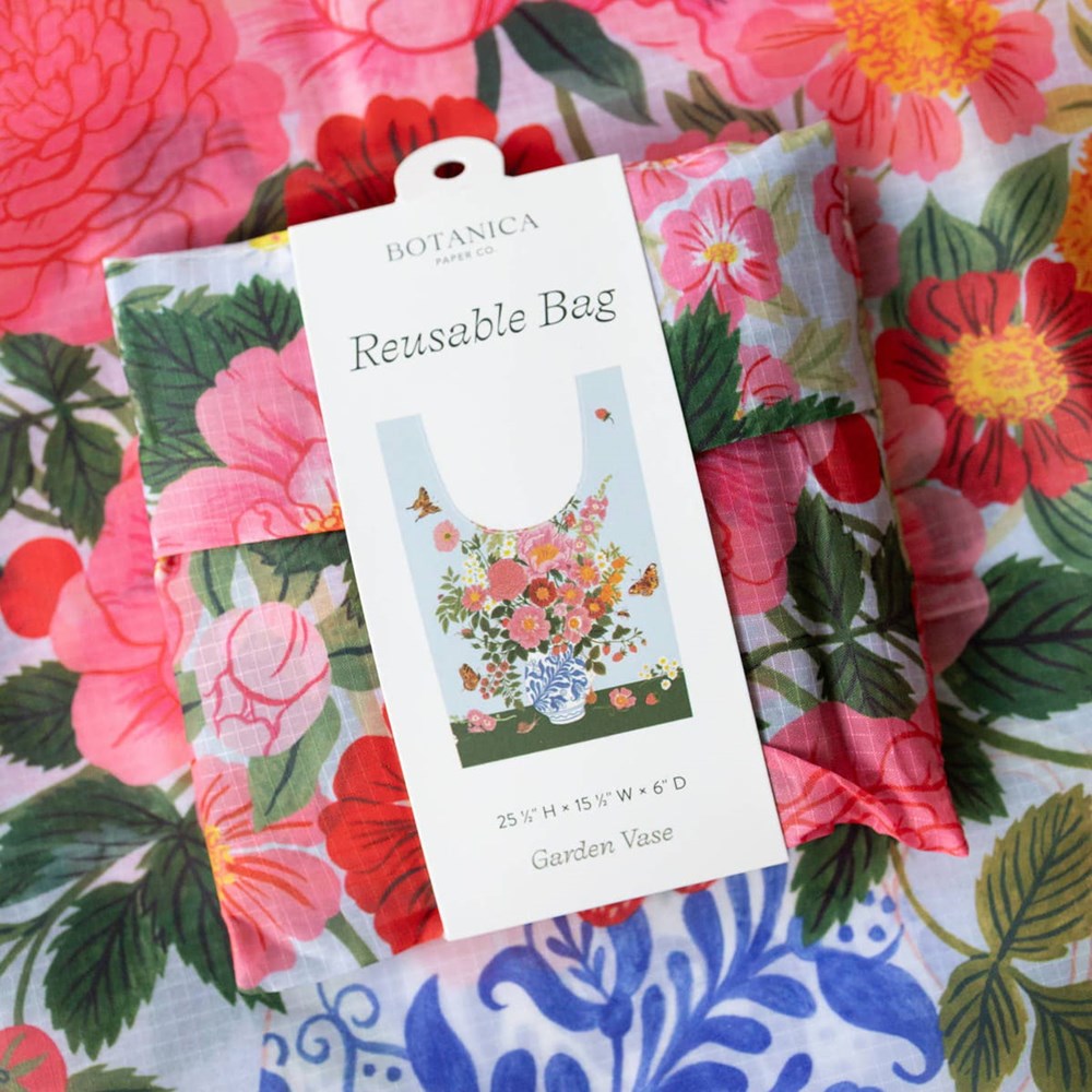 Botanica Paper Co. Garden Vase Reusable Bag (1 pc) shown folded with flat version behind it