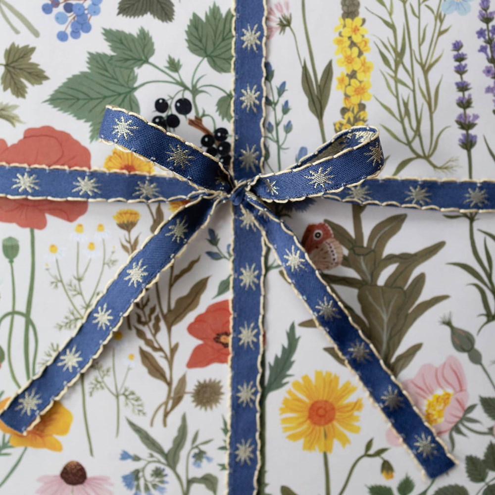 Botanica Paper Co. Stars Embroidered Ribbon (0.5” x 5 yards) shown wrapped on gift