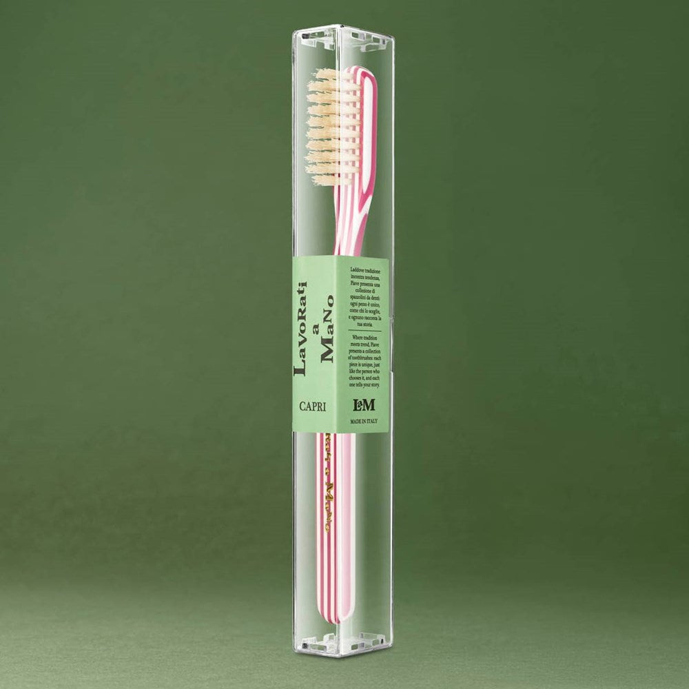 Lavorati a Mano Capri Medium Bristle Toothbrush - Burgundy (1 pc) - product shown upright inside clear packaging