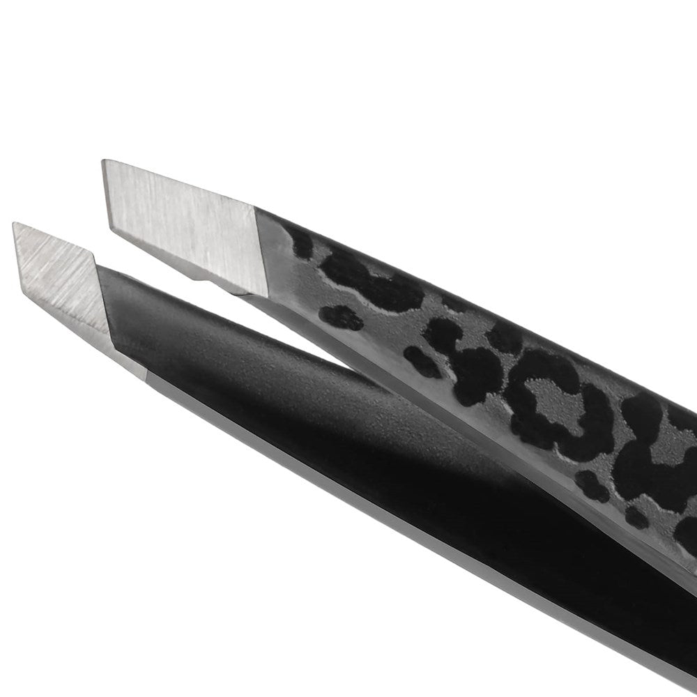 Tweezerman Mini Slant Tweezer - Black Leopard (1 pc) - product shown close up tweezer tip