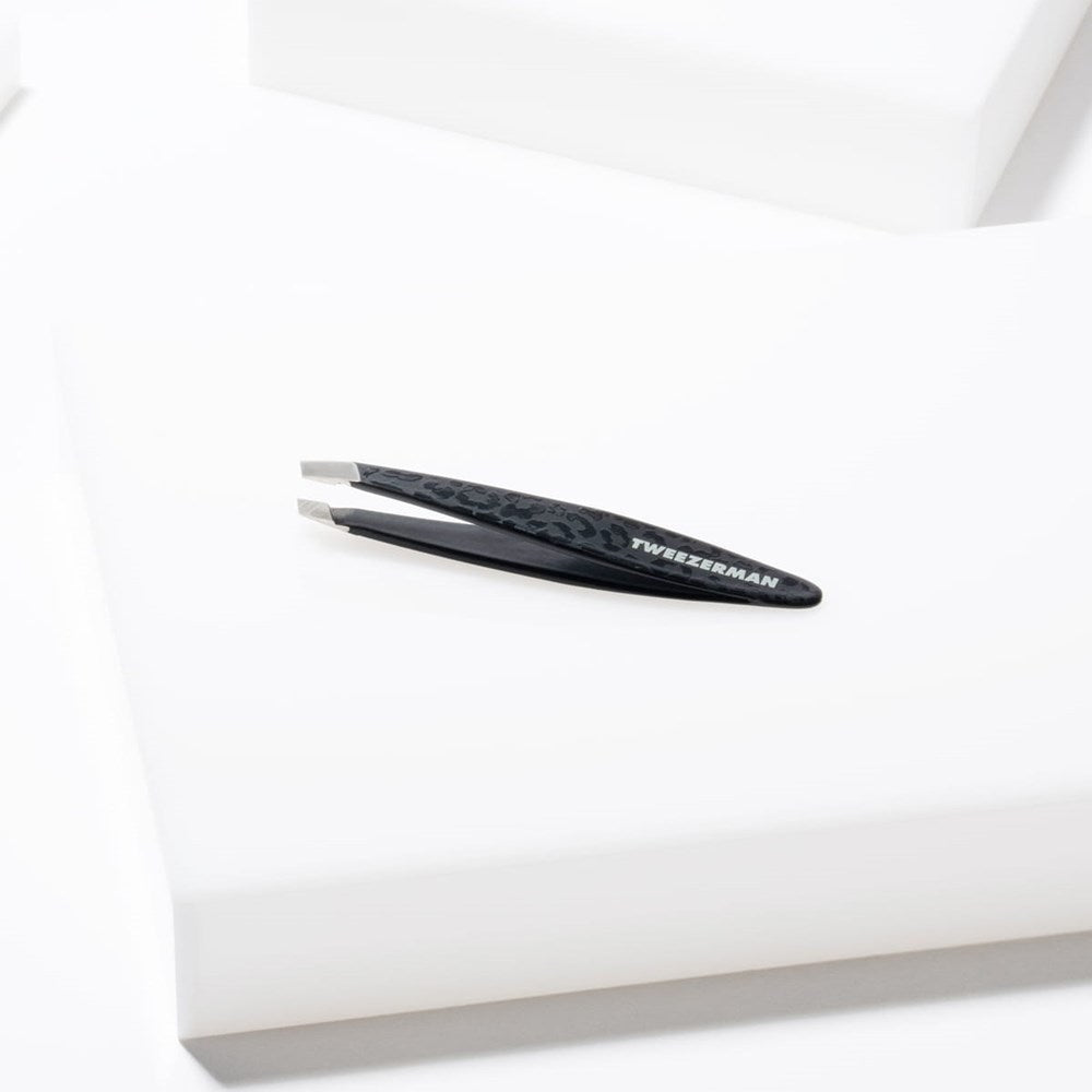 Tweezerman Mini Slant Tweezer - Black Leopard (1 pc) - product shown on side open 