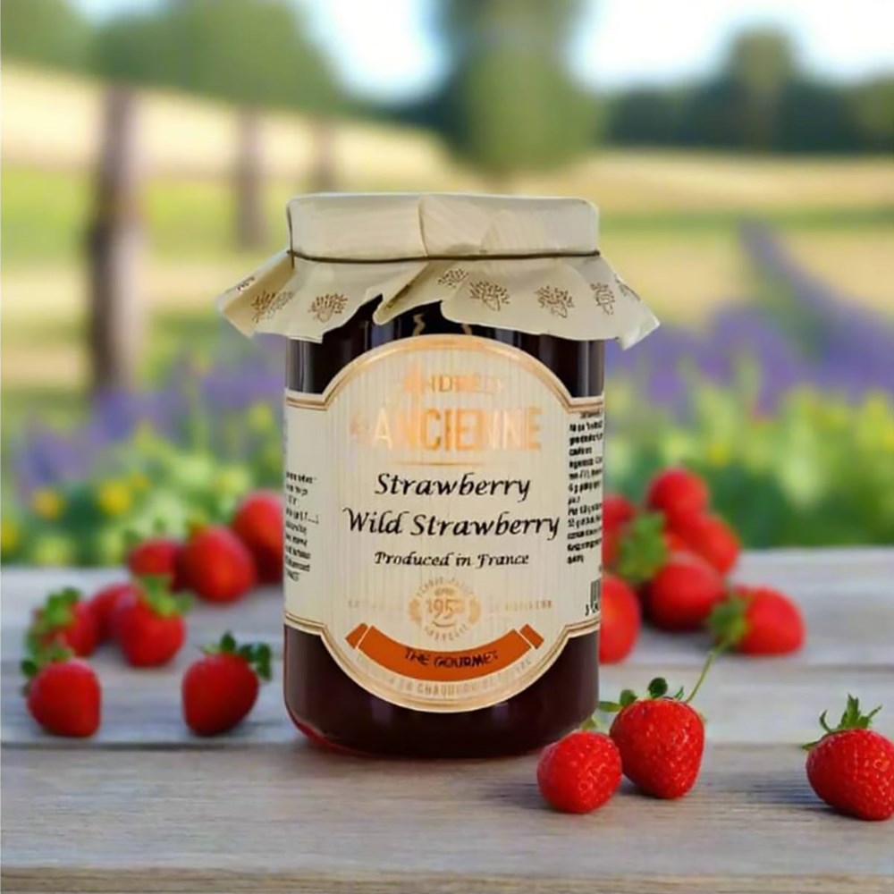 Lifestyle shot of Andresy a l'Ancienne Wild Strawberry Jam (9.5 oz) on a wooden table, surrounded by fresh strawberries
