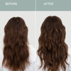 Roz Mini Discovery Hair Trio - A side-by-side before and after comparison showing the back view of a woman with long, wavy brown hair, with a muted green header labeled BEFORE and AFTER.