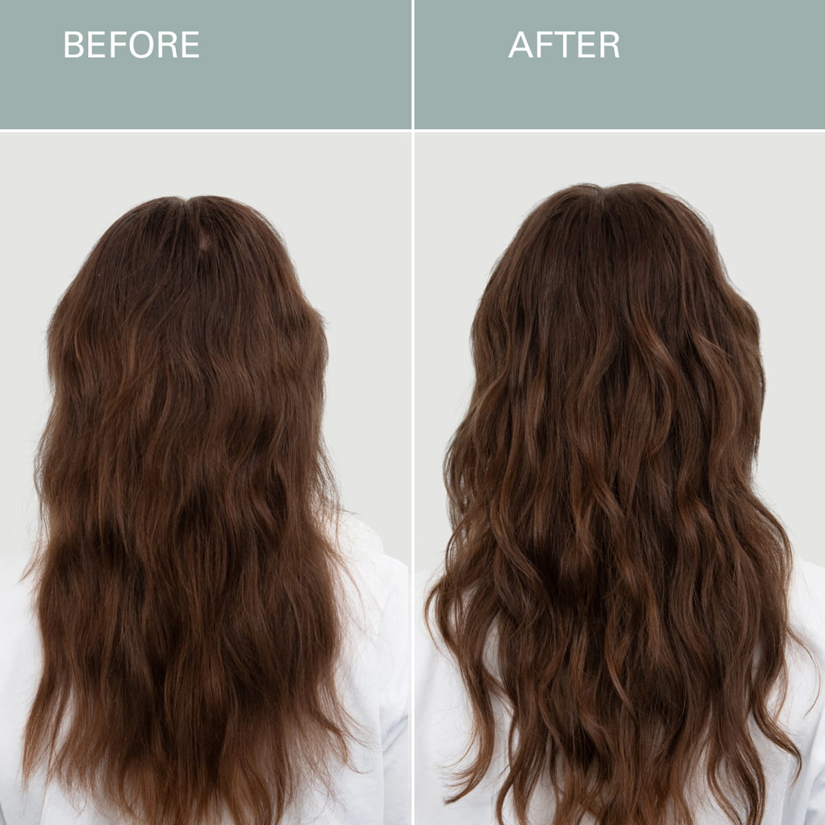 Roz Mini Discovery Hair Trio - A side-by-side before and after comparison showing the back view of a woman with long, wavy brown hair, with a muted green header labeled BEFORE and AFTER.
