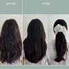 Roz Mini Discovery Hair Trio - A three-panel before-and-after comparison showing the back view of a woman with long dark brown hair. The left panel is labeled BEFORE and shows wavy, voluminous hair. The right two panels show AFTER - one with hair straight and one with hair in a ponytail using the white scrunchie included