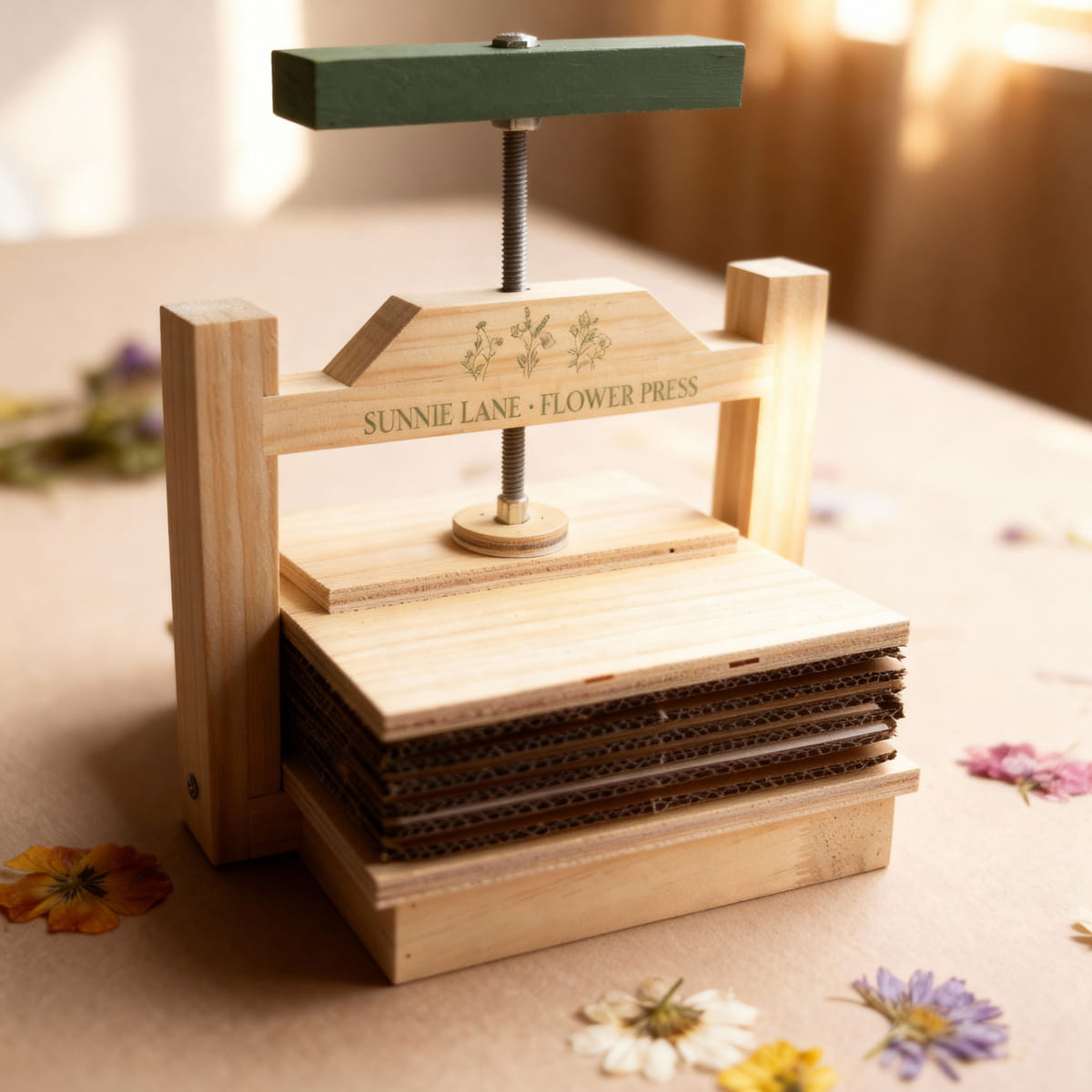 Lifestyle shot of Sunnie Lane Large Flower Press (1 kit) with pressed flowers in the foreground
