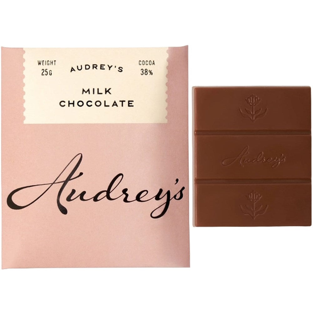 Audrey’s Chocolates Mini Bar Milk Chocolate (25 g) shown with outer packaging