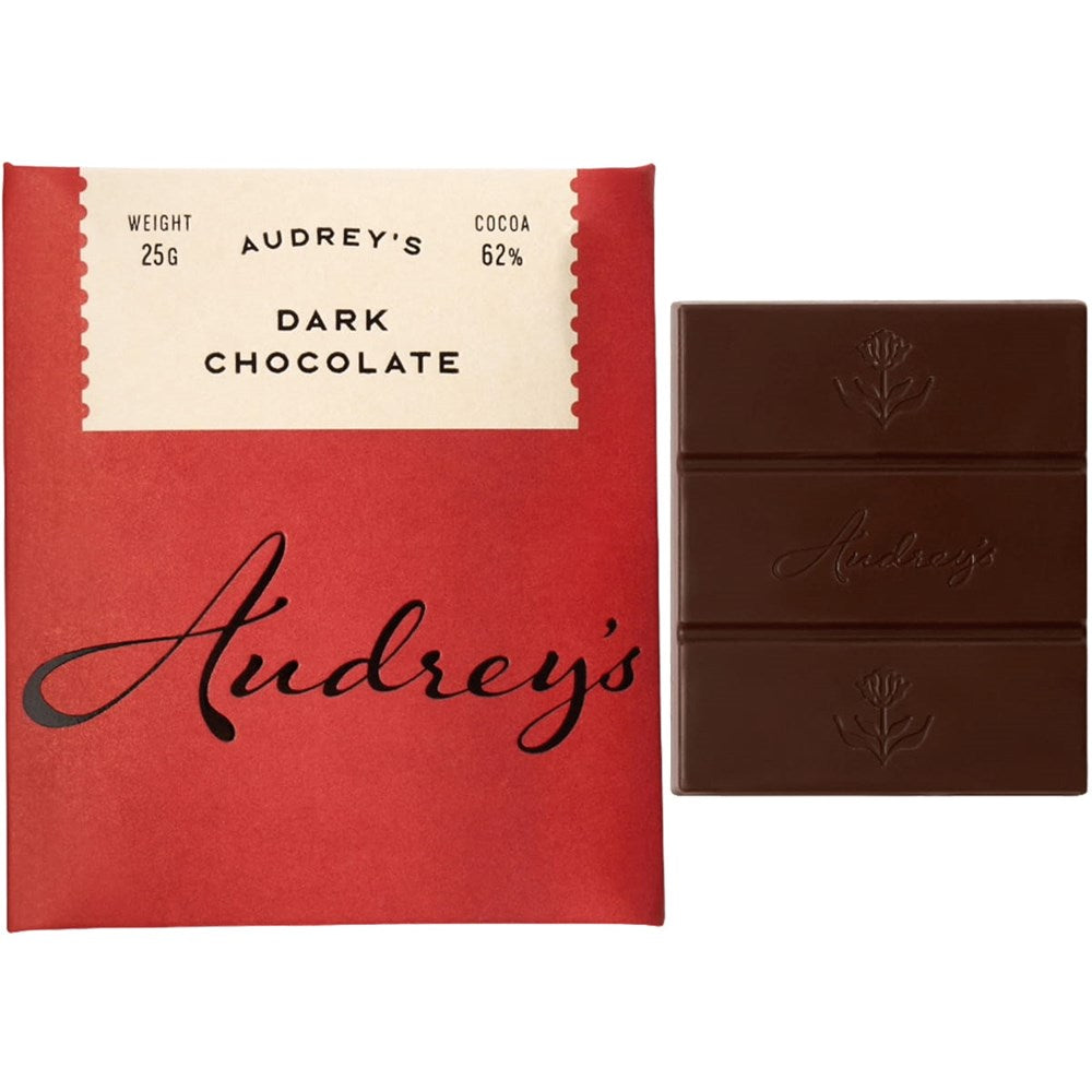 Audrey’s Chocolates Mini Bar Dark Chocolate (25 g) shown with outer packaging