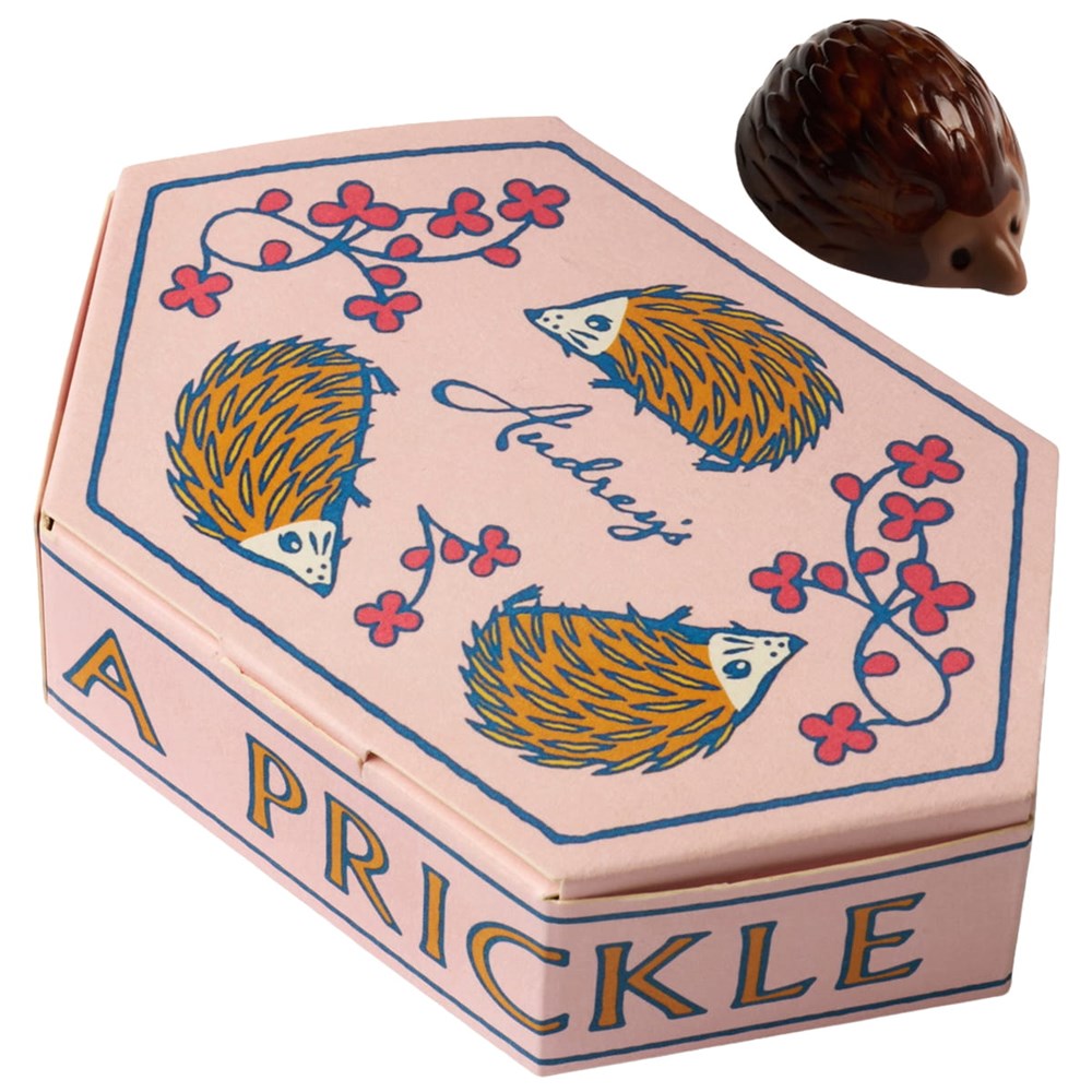 Audrey’s Chocolates A Prickle Of Hedgehogs Chocolate showing box and 1 piece of hedgehog chocolate