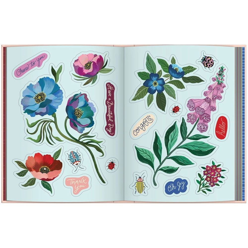 Chronicle Books Art of the Forest Sticker Book (1 pc) sample pages filled with colorful illustrated flower and insect stickers on a pale mint background.